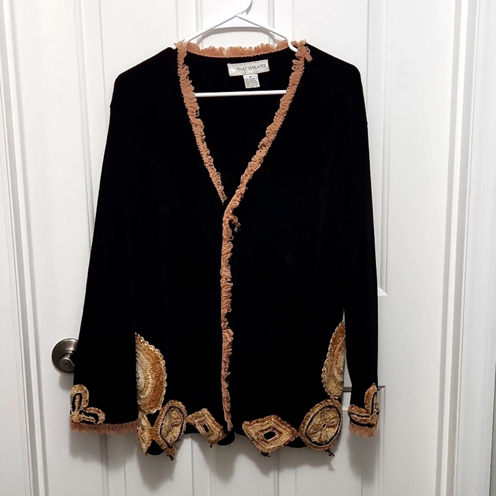 That Sweater. Black with Gold. Missing one button.